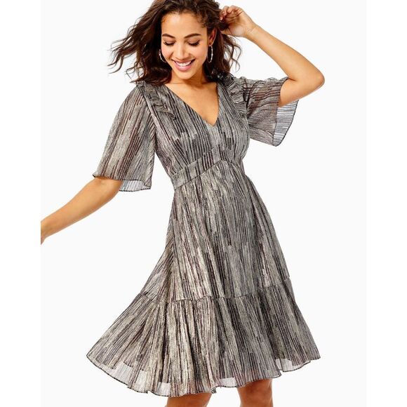 New Lilly Pulitzer Racheli Dress Gold Metallic Gold Metallic Rope Stripe Berry C - Picture 3 of 7